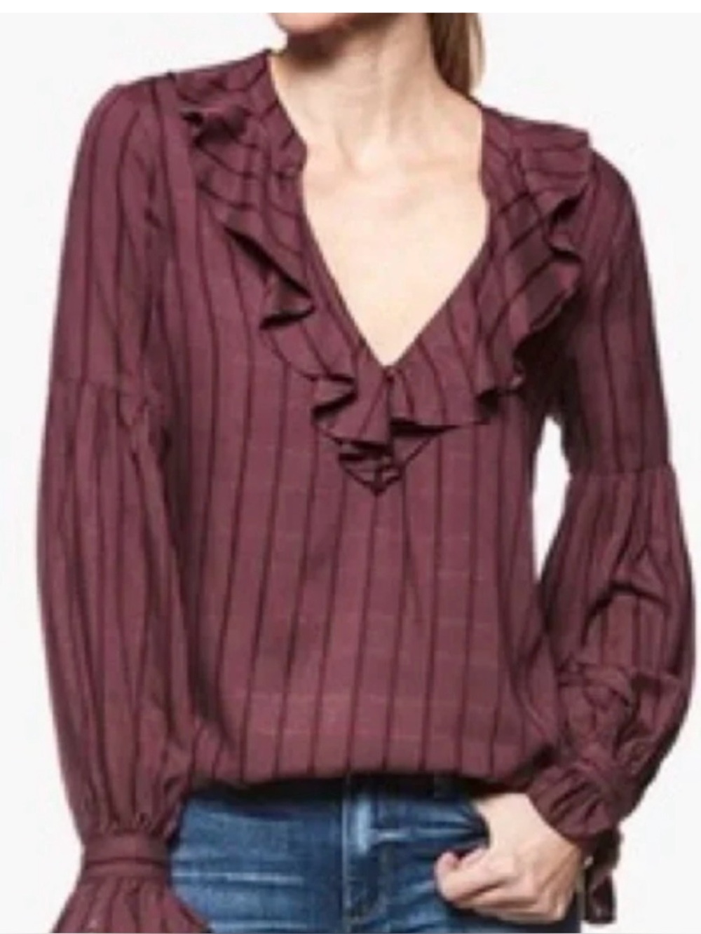 PAIGE | Ruffled V-Neck Long-Sleeve Top in Burgundy